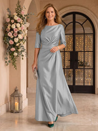 Satin Short Sleeves Mermaid Round Neck Floor Length Mother of the Bride/Groom Dresses