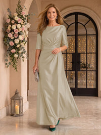 Satin Short Sleeves Mermaid Round Neck Floor Length Mother of the Bride/Groom Dresses