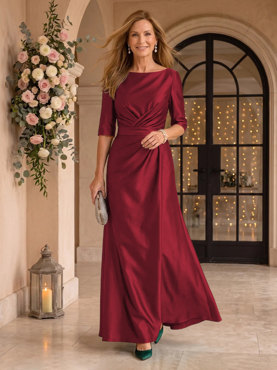 Satin Short Sleeves Mermaid Round Neck Floor Length Mother of the Bride/Groom Dresses