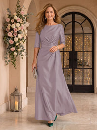 Satin Short Sleeves Mermaid Round Neck Floor Length Mother of the Bride/Groom Dresses