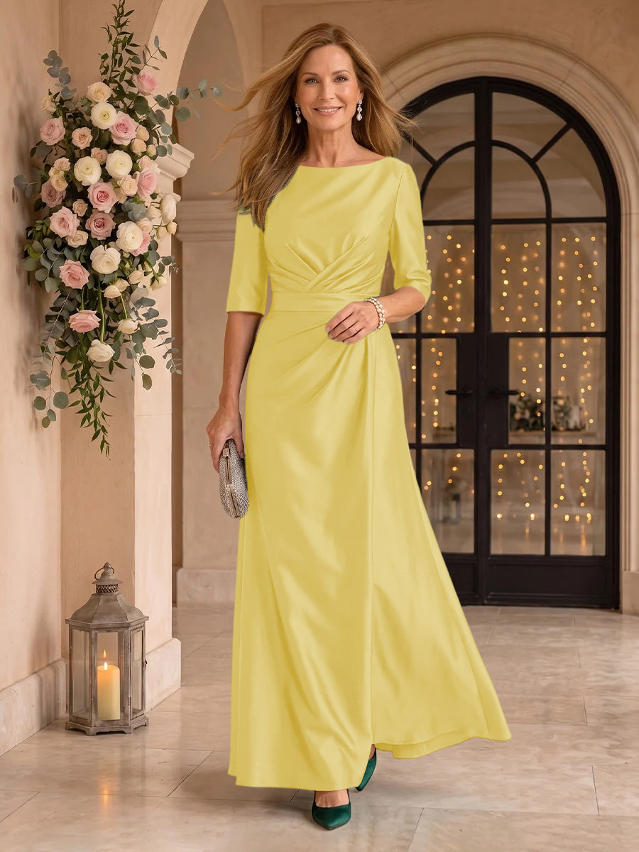 Satin Short Sleeves Mermaid Round Neck Floor Length Mother of the Bride/Groom Dresses