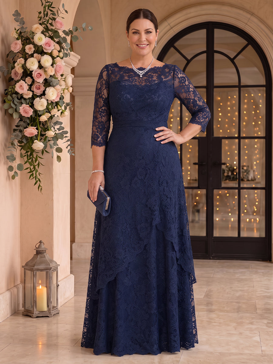Lace Plus Size Long Sleeves A Line Round Neck Mother of the Bride/Groom Dresses