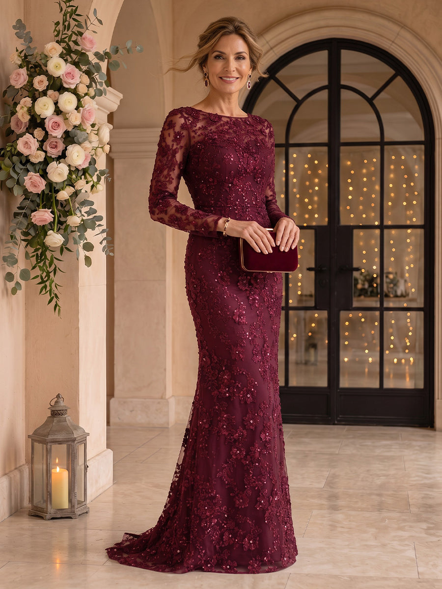 Long Sleeves Lace Mermaid Round Neck Mother of the Bride/Groom Dresses