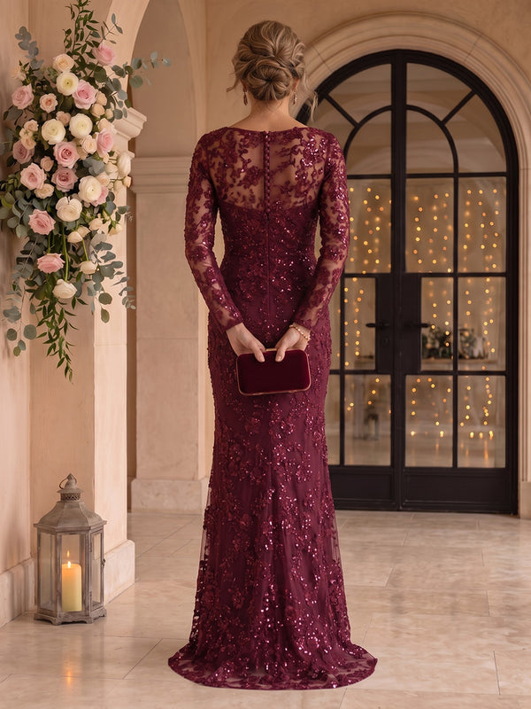 Long Sleeves Lace Mermaid Round Neck Mother of the Bride/Groom Dresses