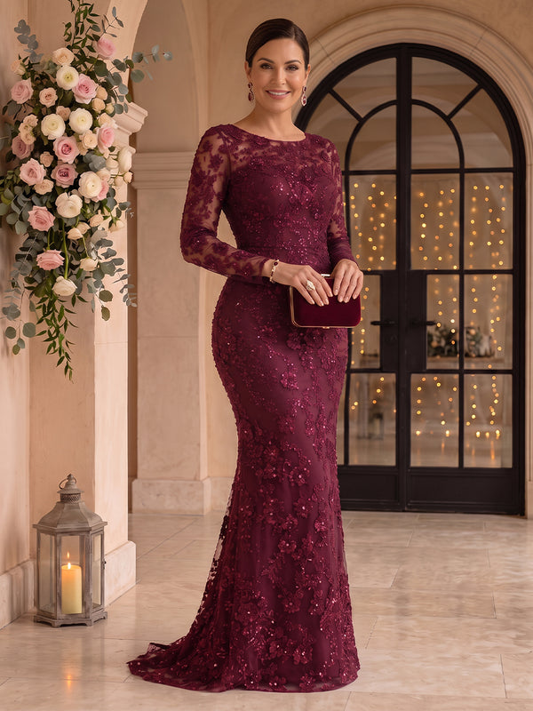 Mermaid Lace Plus Size Long Sleeves Round Neck Mother of the Bride/Groom Dresses