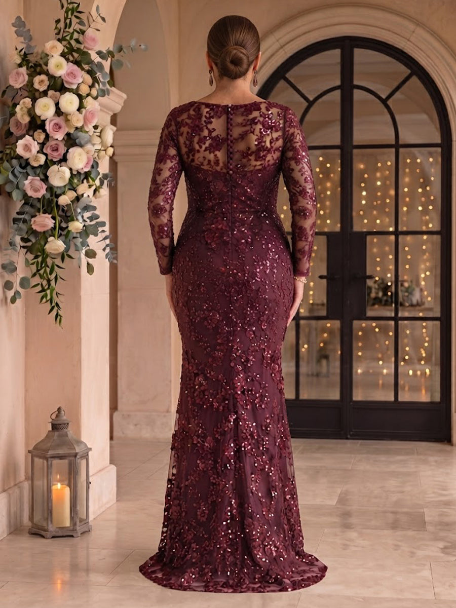 Mermaid Lace Plus Size Long Sleeves Round Neck Mother of the Bride/Groom Dresses