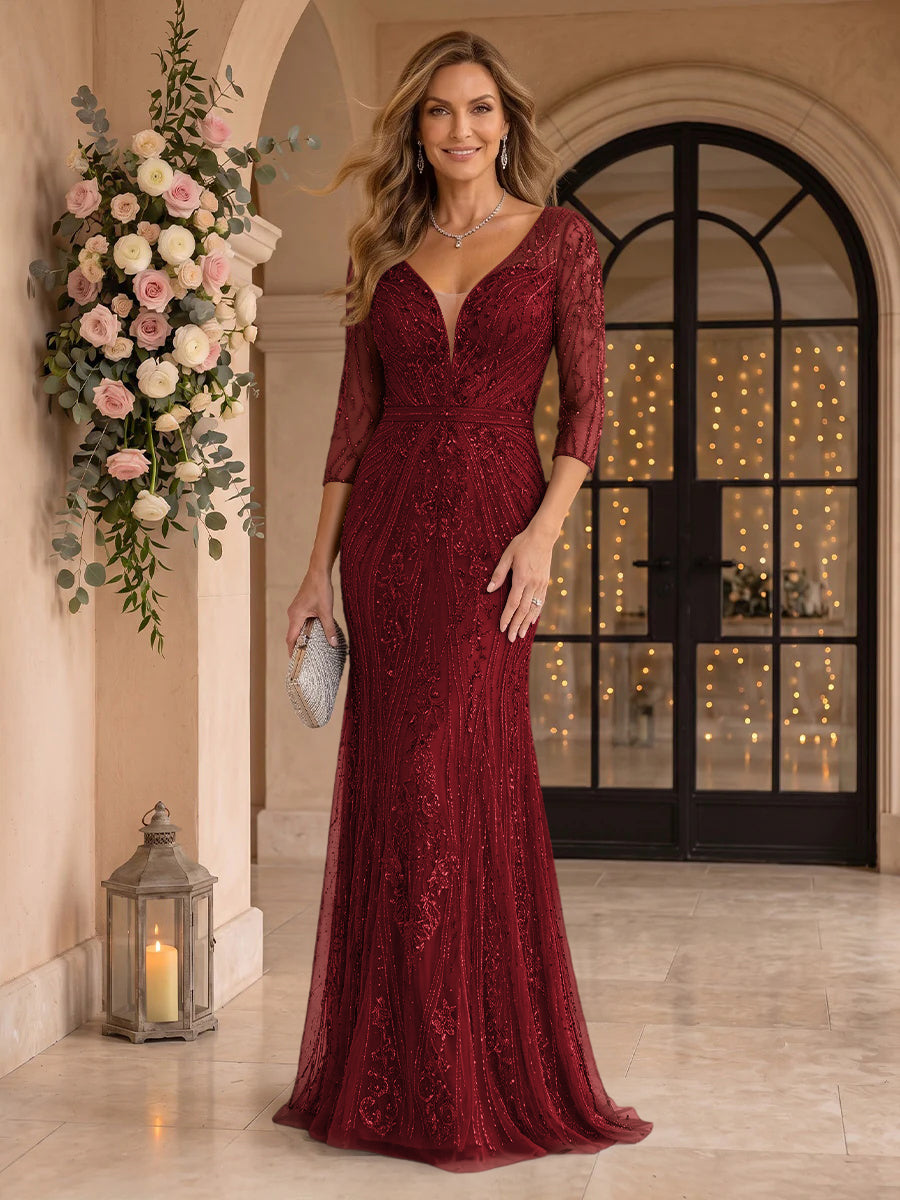 Sequin Mermaid Long Sleeves V Neck Mother of the Bride/Groom Dresses