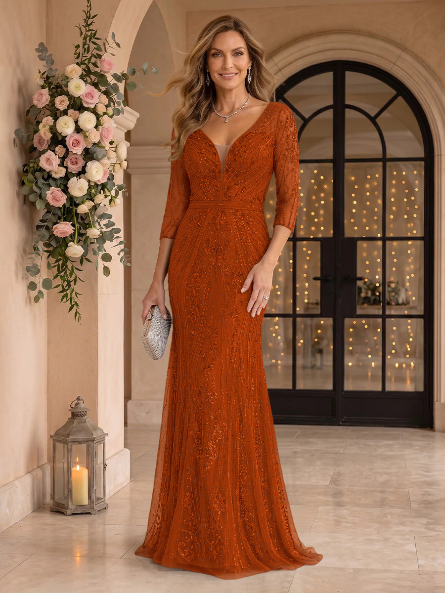 Sequin Mermaid Long Sleeves V Neck Mother of the Bride/Groom Dresses