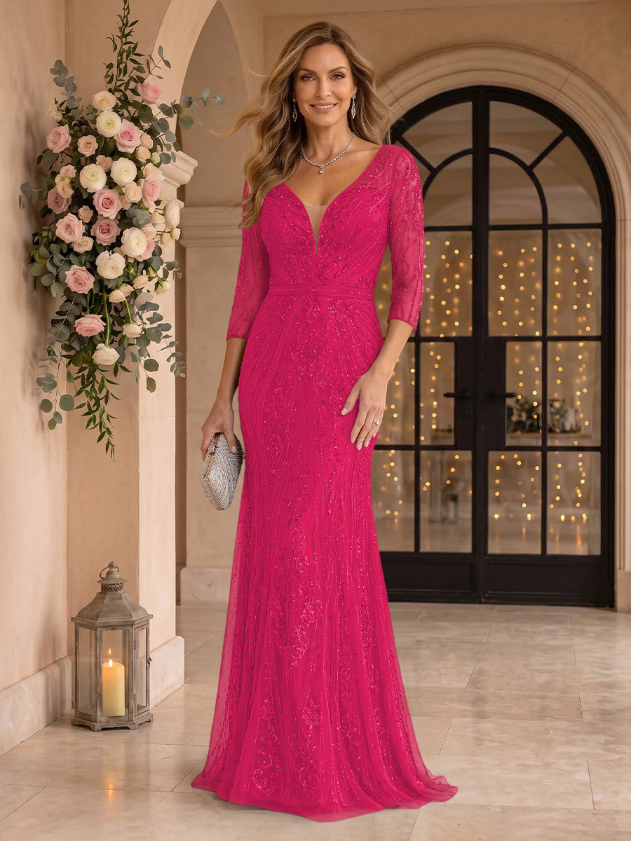 Sequin Mermaid Long Sleeves V Neck Mother of the Bride/Groom Dresses