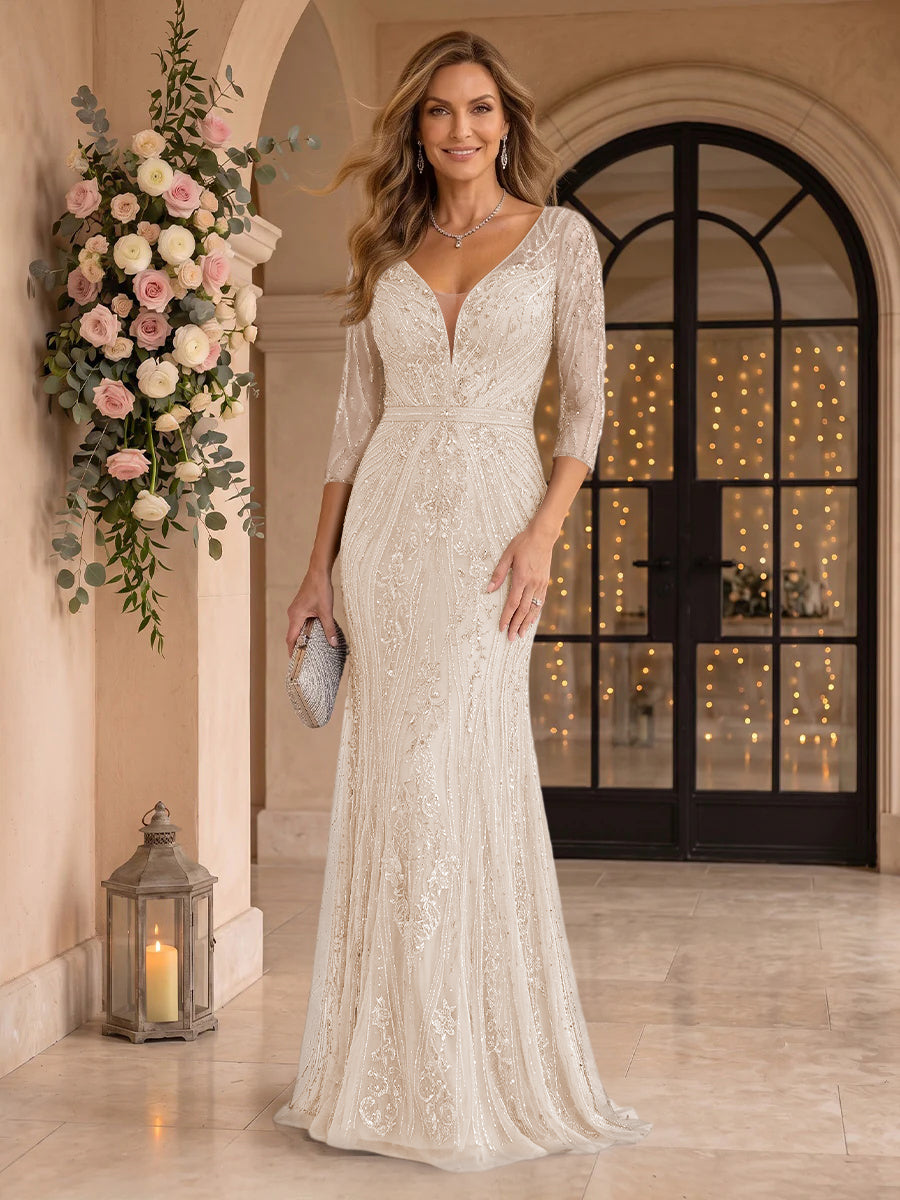 Sequin Mermaid Long Sleeves V Neck Mother of the Bride/Groom Dresses