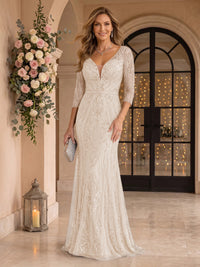 Sequin Mermaid Long Sleeves V Neck Mother of the Bride/Groom Dresses
