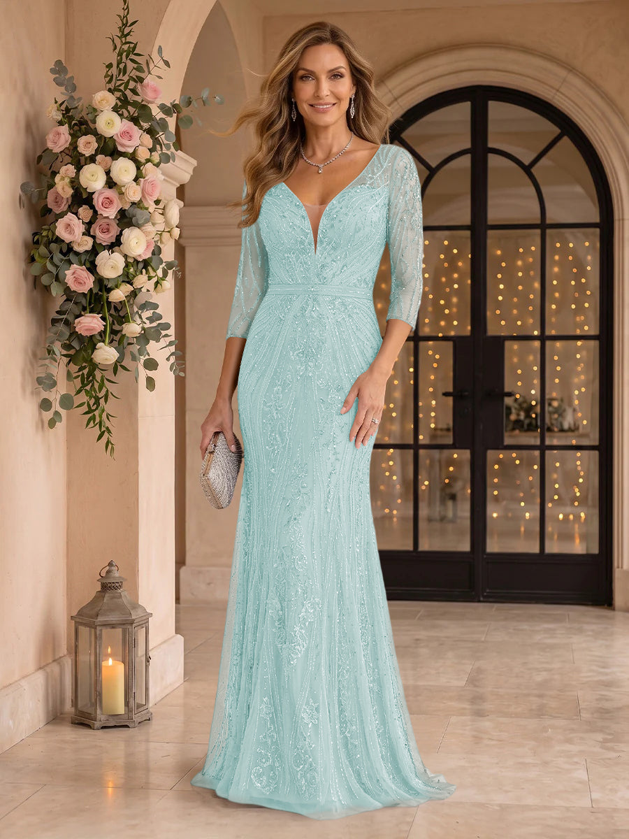 Sequin Mermaid Long Sleeves V Neck Mother of the Bride/Groom Dresses