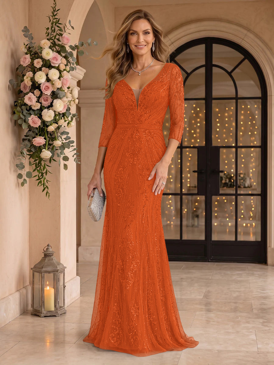 Sequin Mermaid Long Sleeves V Neck Mother of the Bride/Groom Dresses
