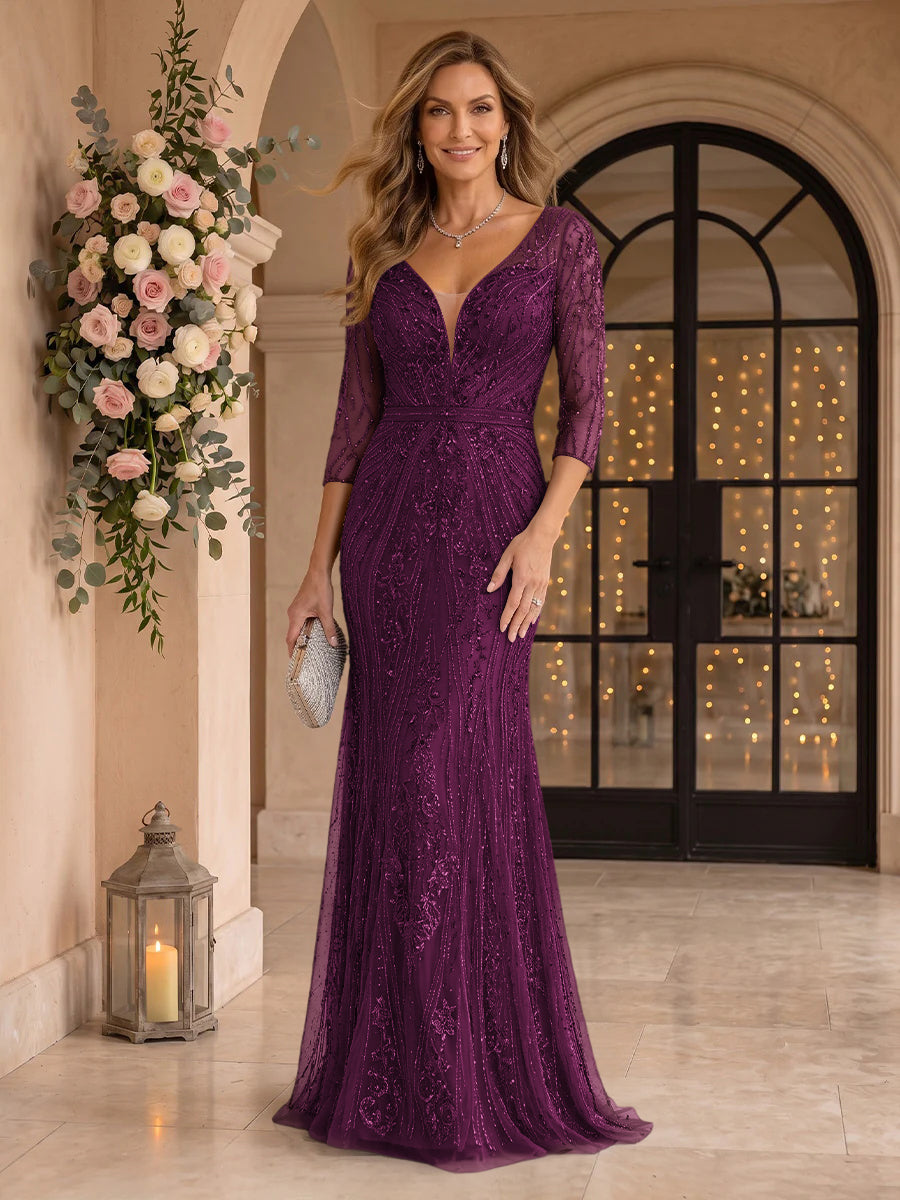 Sequin Mermaid Long Sleeves V Neck Mother of the Bride/Groom Dresses