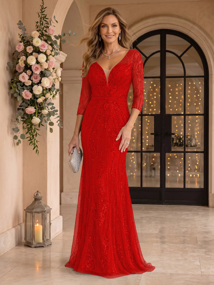 Sequin Mermaid Long Sleeves V Neck Mother of the Bride/Groom Dresses