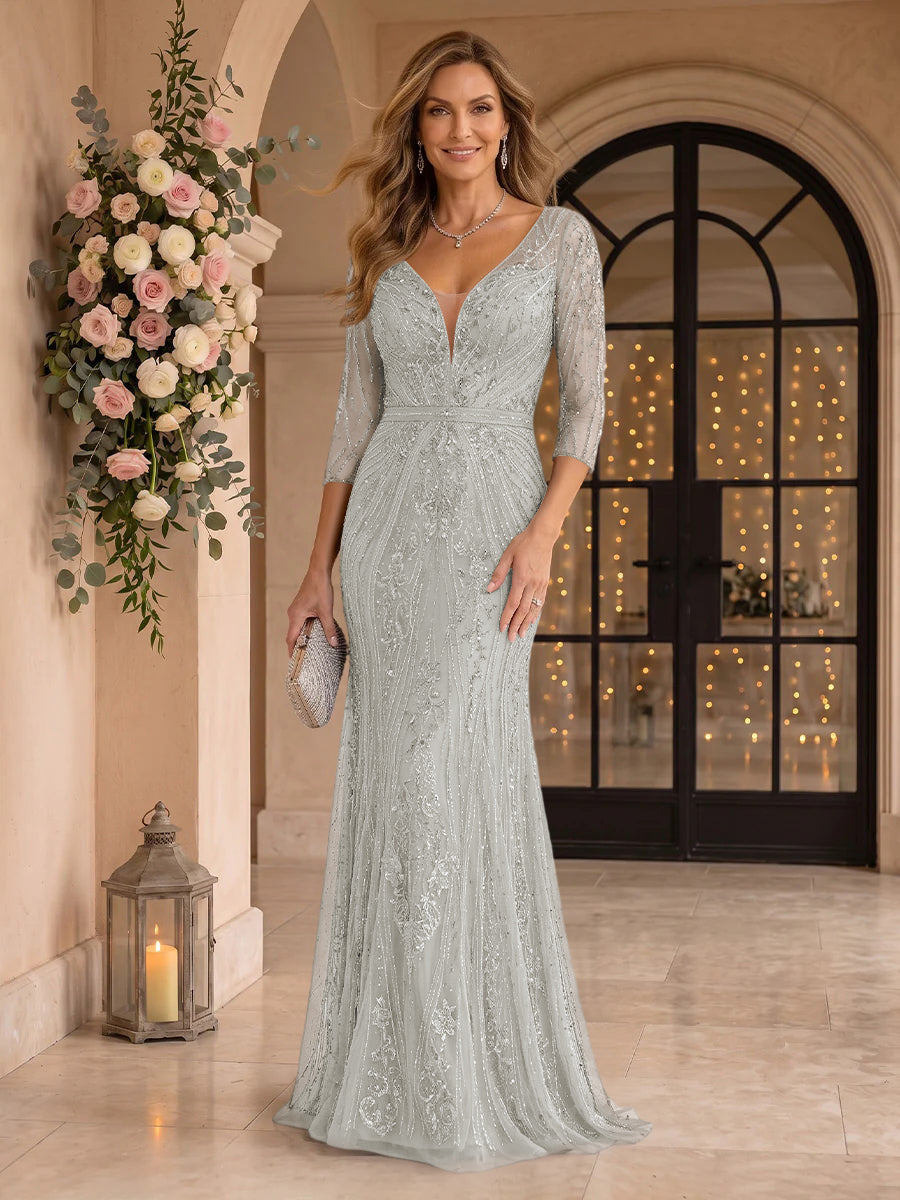 Sequin Mermaid Long Sleeves V Neck Mother of the Bride/Groom Dresses