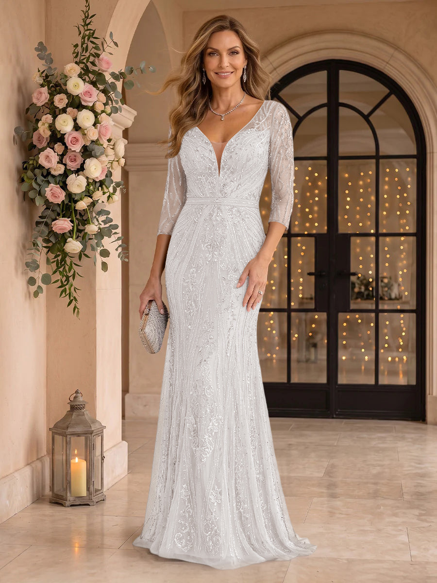Sequin Mermaid Long Sleeves V Neck Mother of the Bride/Groom Dresses