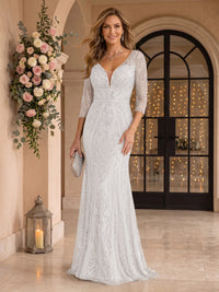 Sequin Mermaid Long Sleeves V Neck Mother of the Bride/Groom Dresses