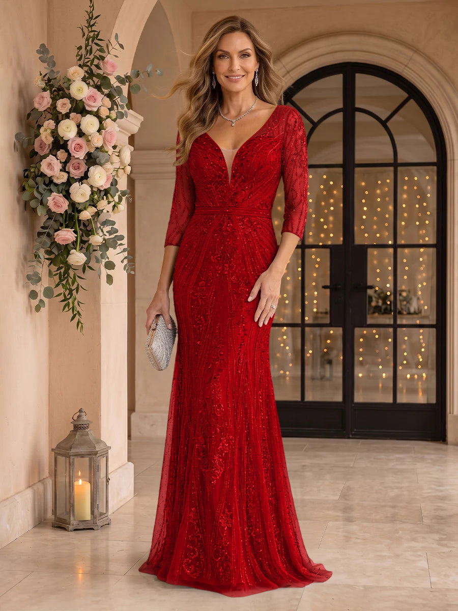 Sequin Mermaid Long Sleeves V Neck Mother of the Bride/Groom Dresses