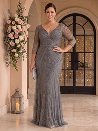 Mermaid Sequin Plus Size Long Sleeves V Neck Mother of the Bride/Groom Dresses