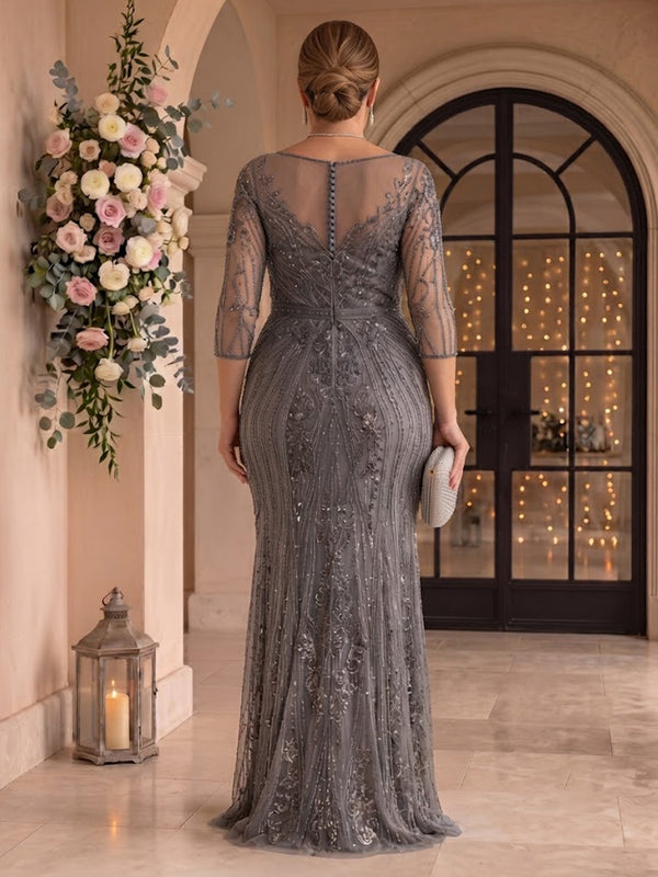 Mermaid Sequin Plus Size Long Sleeves V Neck Mother of the Bride/Groom Dresses