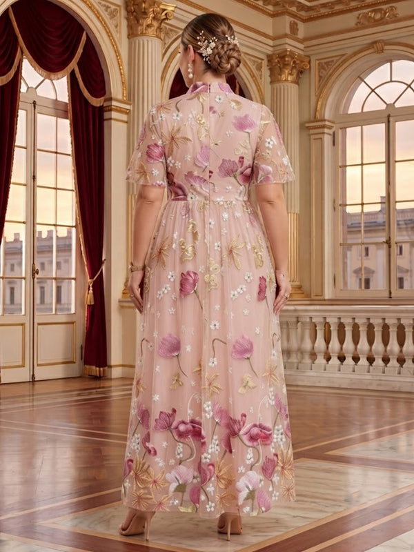 A Line Jacquard Short Sleeves Stand Collar Floor Length  Mother of the Bride/Groom Dresses