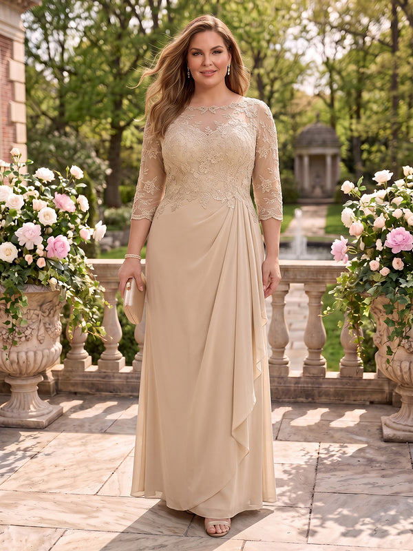Plus Size A Line 3/4 Sleeves Round Neck Floor Length  Mother of the Bride/Groom Dresses