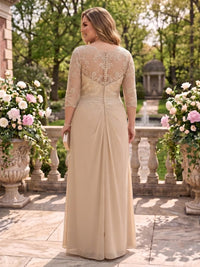 Plus Size A Line 3/4 Sleeves Round Neck Floor Length  Mother of the Bride/Groom Dresses
