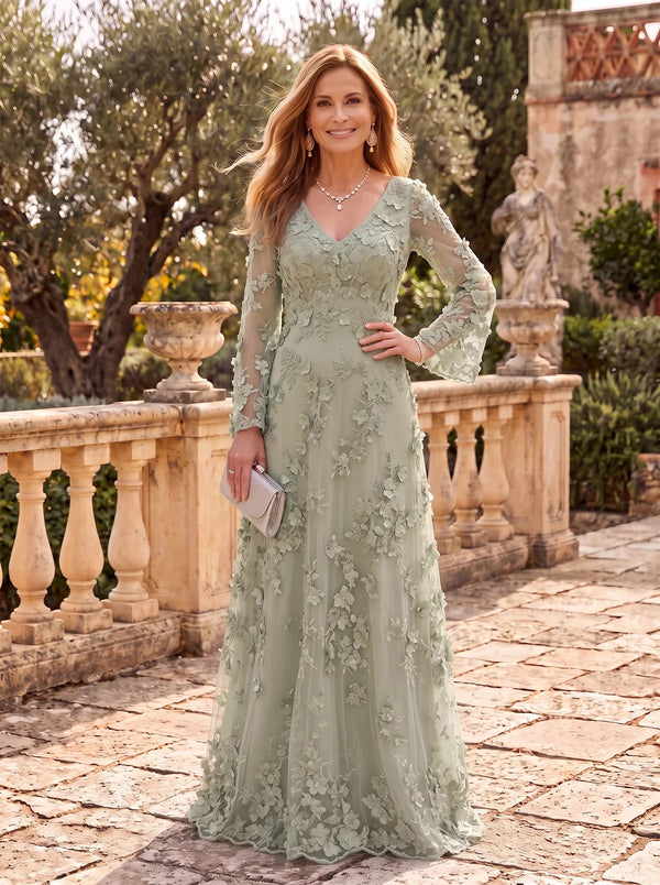 Long Sleeves V Neck A Line Floor Length Mother of the Bride/Groom Dresses