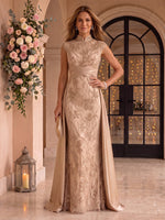 Stand Collar Cap Sleeves Sequin Mermaid Mother of the Bride/Groom Dresses