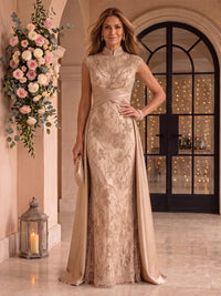Stand Collar Cap Sleeves Sequin Mermaid Mother of the Bride/Groom Dresses