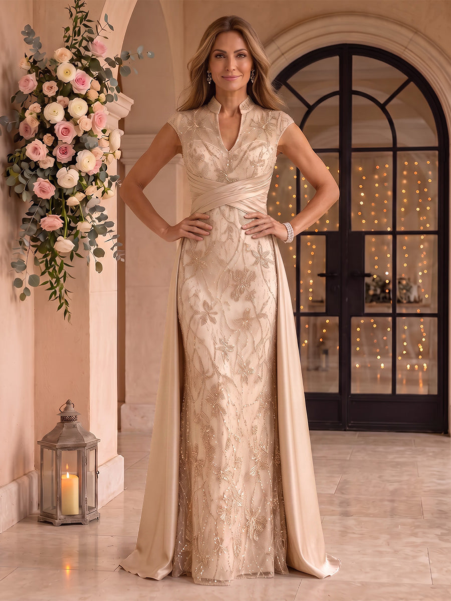 Sequin Mermaid Stand Collar Cap Sleeves Mother of the Bride/Groom Dresses