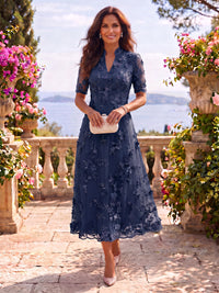 Tea Length Stand Collar Tulle Short Sleeves Mother of the Bride/Groom Dresses