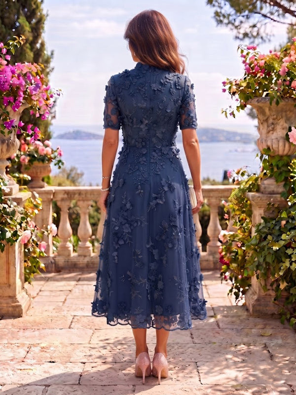 Tea Length Stand Collar Tulle Short Sleeves Mother of the Bride/Groom Dresses