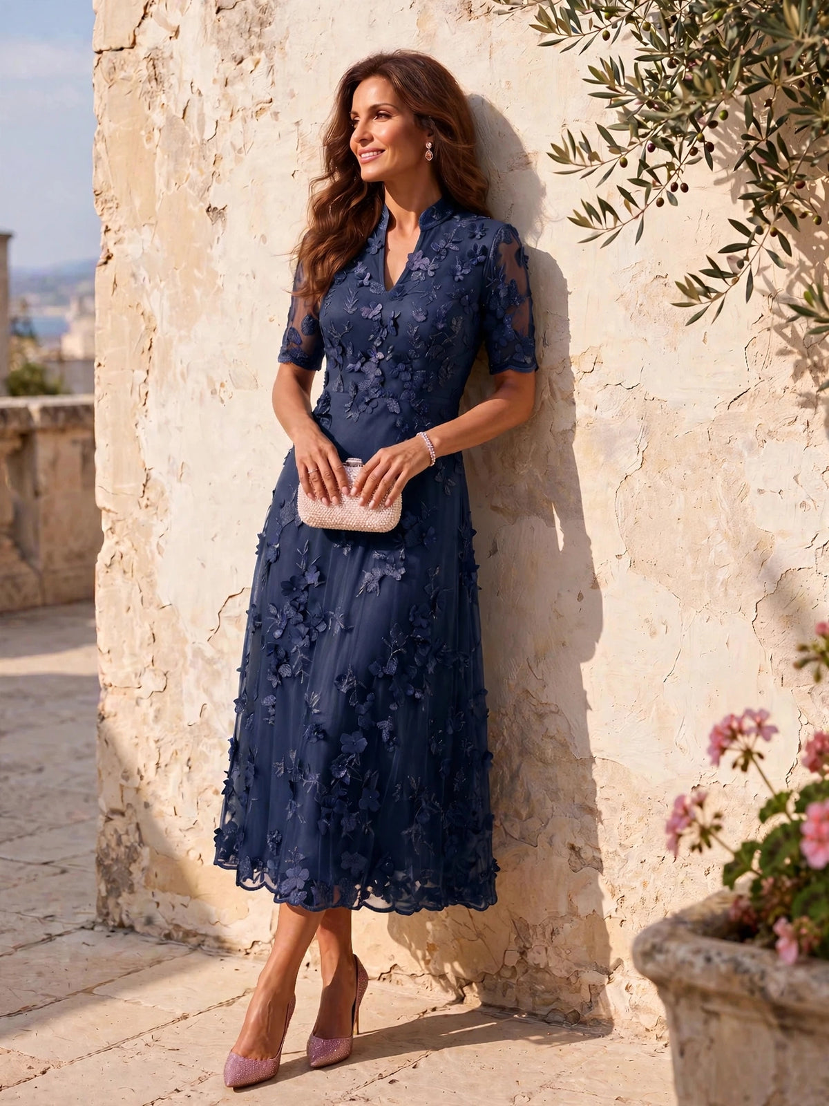 Tea Length Stand Collar Tulle Short Sleeves Mother of the Bride/Groom Dresses