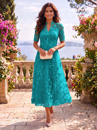 Tea Length Stand Collar Tulle Short Sleeves Mother of the Bride/Groom Dresses