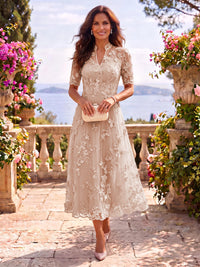 Tea Length Stand Collar Tulle Short Sleeves Mother of the Bride/Groom Dresses