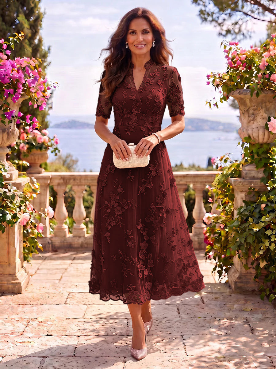 Tea Length Stand Collar Tulle Short Sleeves Mother of the Bride/Groom Dresses