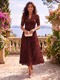 Tea Length Stand Collar Tulle Short Sleeves Mother of the Bride/Groom Dresses