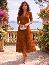 Tea Length Stand Collar Tulle Short Sleeves Mother of the Bride/Groom Dresses