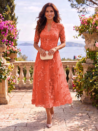 Tea Length Stand Collar Tulle Short Sleeves Mother of the Bride/Groom Dresses