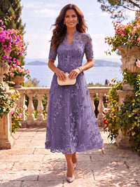 Tea Length Stand Collar Tulle Short Sleeves Mother of the Bride/Groom Dresses