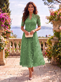 Tea Length Stand Collar Tulle Short Sleeves Mother of the Bride/Groom Dresses