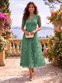 Tea Length Stand Collar Tulle Short Sleeves Mother of the Bride/Groom Dresses