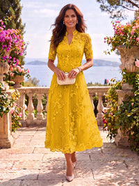 Tea Length Stand Collar Tulle Short Sleeves Mother of the Bride/Groom Dresses