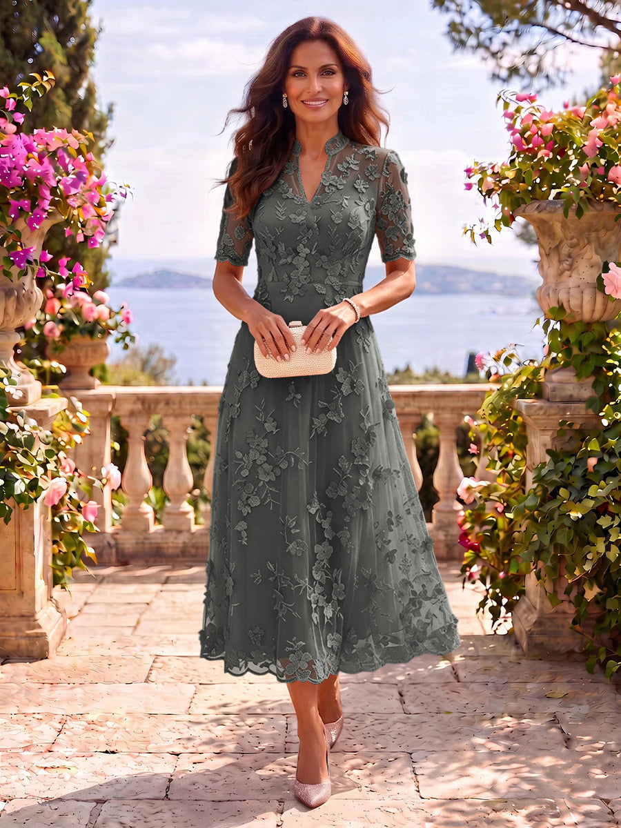 Tea Length Stand Collar Tulle Short Sleeves Mother of the Bride/Groom Dresses