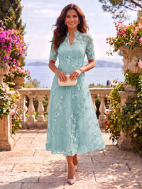 Tea Length Stand Collar Tulle Short Sleeves Mother of the Bride/Groom Dresses