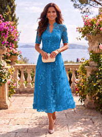 Tea Length Stand Collar Tulle Short Sleeves Mother of the Bride/Groom Dresses