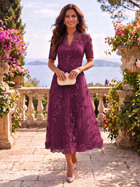 Tea Length Stand Collar Tulle Short Sleeves Mother of the Bride/Groom Dresses