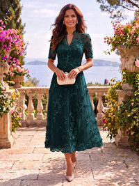 Tea Length Stand Collar Tulle Short Sleeves Mother of the Bride/Groom Dresses